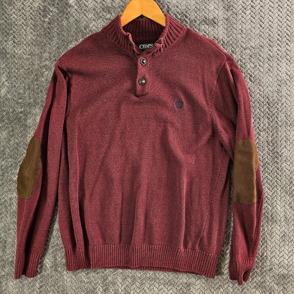 Chaps Mens Burgundy Mock‎ Neck Sweater with Elbow Patches Size L G